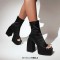 Square Open Toe Chunky Heels Back Zipper Ankle Highs Platforms Spring Summer Boots - Black Lycra