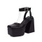 Square Toe Ankle Rhinestones Buckle Straps Chunky Heels Platforms Pumps - Black Faux Leather