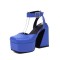 Square Toe Ankle Rhinestones Buckle Straps Chunky Heels Platforms Pumps - Blue Faux Leather