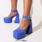 Square Toe Ankle Rhinestones Buckle Straps Chunky Heels Platforms Pumps - Blue Faux Leather