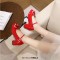 Round Toe Chunky Heels Butterfly Knot 
French Maid Mary Janes Pumps - Red