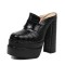 Round Toe Chunky Heels Platforms Crocodile Pattern Loafers Shaped Sandals - Black