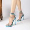 Square Open Toe  Jelly Heart Heels Bling Chain Rhinestones Gladiator Sandals - Blue Flock