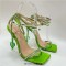 Square Open Toe  Jelly Heart Heels Bling Chain Rhinestones Gladiator Sandals - Green Flock