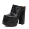 Round Toe Chunky Heels Platforms Crocodile Pattern Matte Sandals - Black