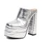 Round Toe Chunky Heels Platforms Crocodile Pattern Matte Sandals - Silver