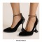 Pointed Toe Cover Heels T Strap Rhinestones Pumps with Back Zipper - Black