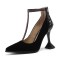 Pointed Toe Cover Heels T Strap Rhinestones Pumps with Back Zipper - Black