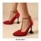 Pointed Toe Cover Heels T Strap Rhinestones Pumps with Back Zipper - Red