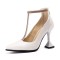 Pointed Toe Cover Heels T Strap Rhinestones Pumps with Back Zipper - White