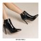Stiletto Heels Pointed Toe Rivet Decorated Patent Booties with Side Zipper - Black