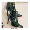 Stiletto Heels Pointed Toe Rivet Decorated Patent Booties with Side Zipper - Green