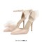 Pointed Toe Ankle Buckle Straps Stiletto Heels Tulle Decorated Prom Wedding Pumps - Beige Satin