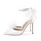 Pointed Toe Ankle Buckle Straps Stiletto Heels Tulle Decorated Prom Wedding Pumps - White Satin