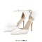 Pointed Toe Ankle Buckle Straps Stiletto Heels Tulle Decorated Prom Wedding Pumps - White Satin