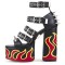 Peep Toe Rivet Decorated Punk Gothic Style Platforms Chunky Heels Ankle Buckle T Straps Sandals - Black Flame Faux Leather