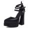 Pointed Toe Chunky Heels Trible Straps Double Platforms Pumps - Black Faux Leather