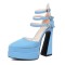 Pointed Toe Chunky Heels Trible Straps Double Platforms Pumps - Blue Faux Leather