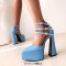 Pointed Toe Chunky Heels Trible Straps Double Platforms Pumps - Blue Faux Leather
