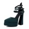 Pointed Toe Chunky Heels Trible Straps Double Platforms Pumps - Green Faux Leather