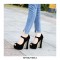 Peep Toe Chunky Heels Platforms Mary Janes Flock Pumps - Black
