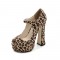 Peep Toe Chunky Heels Platforms Mary Janes Flock Pumps - Leopard