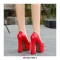 Round Toe Chunky Heels Platforms Patent Pumps - Red