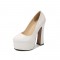 Round Toe Chunky Heels Platforms Patent Pumps - White