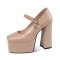 Square Toe Chunky Heels Platforms Mary Janes Wicker Pattern Pumps - Apricot