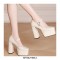 Square Toe Chunky Heels Platforms Mary Janes Wicker Pattern Pumps - Beige
