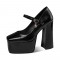 Square Toe Chunky Heels Platforms Mary Janes Wicker Pattern Pumps - Black