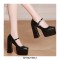 Square Toe Chunky Heels Platforms Mary Janes Wicker Pattern Pumps - Black