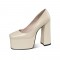 Square Toe Chunky Heels Platforms Serpentine Pumps - Beige