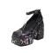 Square Toe Chunky Heels Platforms Snake Print Ankle Buckle Straps Pumps - Black