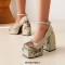 Square Toe Chunky Heels Platforms Flower Print Ankle Buckle Straps Pumps - Tan