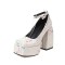 Square Toe Chunky Heels Platforms Snake Print Ankle Buckle Straps Pumps - White