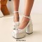 Square Toe Chunky Heels Platforms Snake Print Ankle Buckle Straps Pumps - White