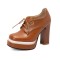 Round Toe Lace Up Chunky Heels Low Platforms Loafers Pumps - Brown Faux Leather