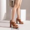 Round Toe Lace Up Chunky Heels Low Platforms Loafers Pumps - Brown Faux Leather