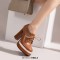 Round Toe Lace Up Chunky Heels Low Platforms Loafers Pumps - Brown Faux Leather