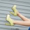 Round Toe Lace Up Chunky Heels Low Platforms Loafers Pumps - Green Faux Leather