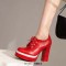 Round Toe Lace Up Chunky Heels Low Platforms Loafers Pumps - Red Faux Leather