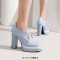 Round Toe Lace Up Chunky Heels Low Platforms Loafers Pumps - SkyBlue  Faux Leather