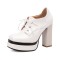 Round Toe Lace Up Chunky Heels Low Platforms Loafers Pumps - White Faux Leather