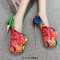 Fish Mouth Peep Toe Stiletto Metal Heels Platforms Nature Flowers Pattern Pumps - Red Patent