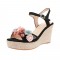 Peep Toe Platforms Ankle Buckle Straps Flowers Wedges Sandals - Black