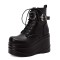 Round Toe Side Zipper Lace Up Buckle Straps Ankle Highs Platforms Wedges Boots - Black Faux Leather