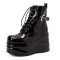 Round Toe Side Zipper Lace Up Buckle Straps Ankle Highs Platforms Wedges Boots - Black Patent