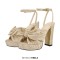Peep Toe Chunky Heels Bow Knot Low Platforms Summer Sandals - Khaki Fabric
