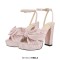 Peep Toe Chunky Heels Bow Knot Low Platforms Summer Sandals - Pink Fabric